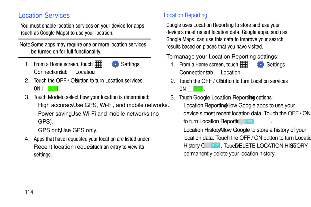 Samsung SM-T520NZWAXAR, SM-T520NZKAXAR user manual Location Services, To manage your Location Reporting settings 