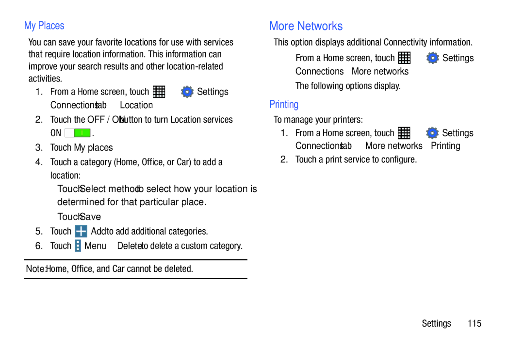 Samsung SM-T520NZKAXAR, SM-T520NZWAXAR user manual More Networks, My Places, Printing, Touch My places 