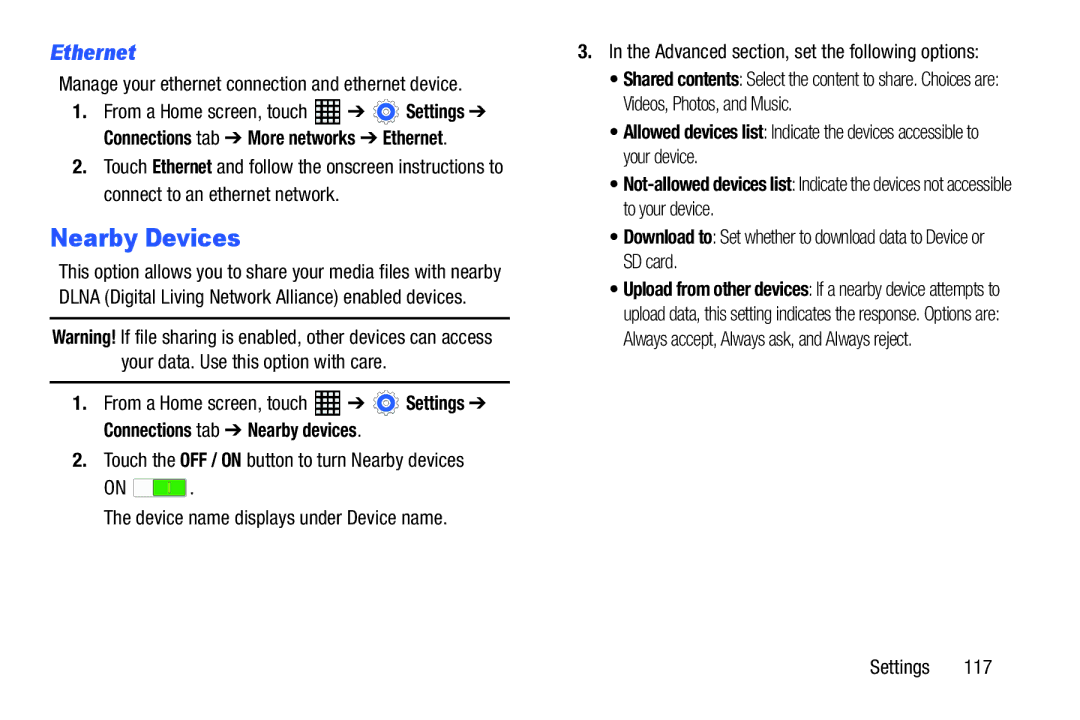 Samsung SM-T520NZKAXAR, SM-T520NZWAXAR Nearby Devices, Ethernet, Manage your ethernet connection and ethernet device 