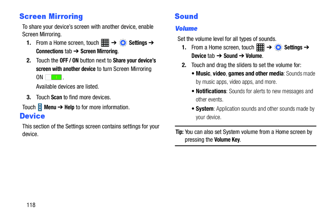 Samsung SM-T520NZWAXAR, SM-T520NZKAXAR user manual Screen Mirroring, Device, Sound, Volume 