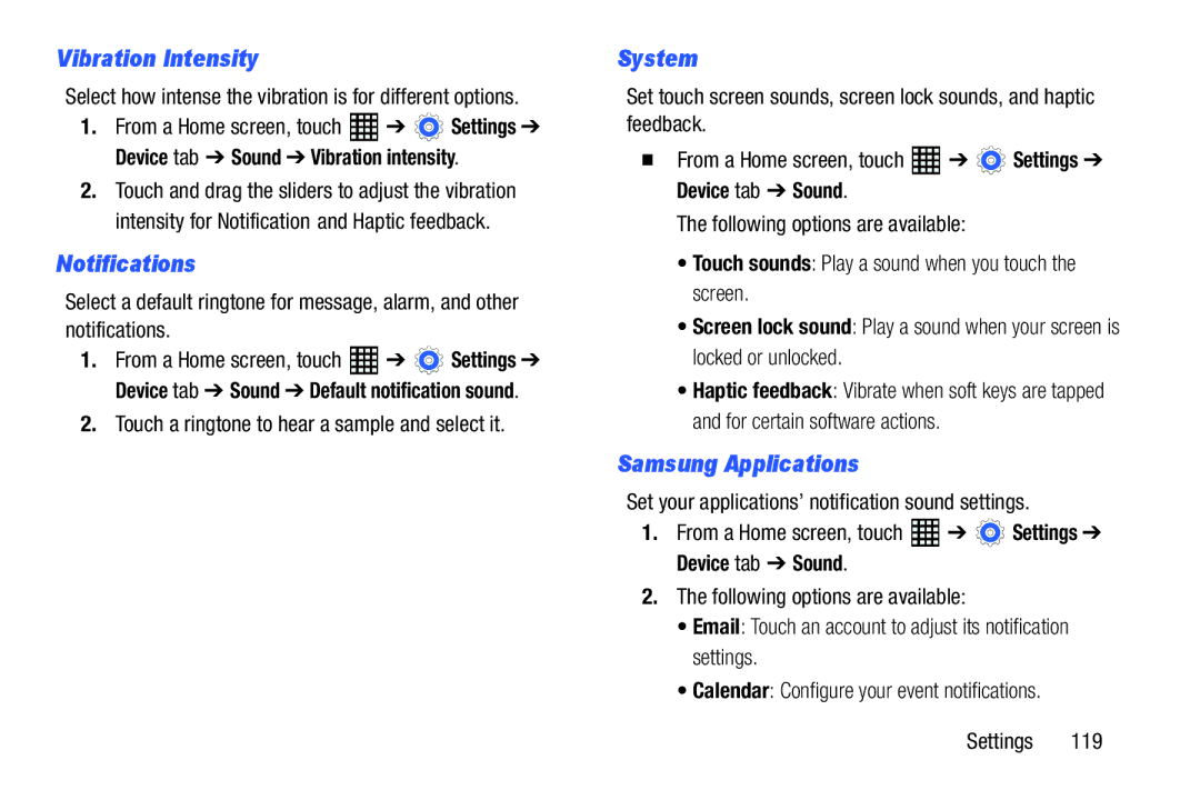 Samsung SM-T520NZKAXAR user manual Vibration Intensity, System, Samsung Applications, Device tab Sound Vibration intensity 