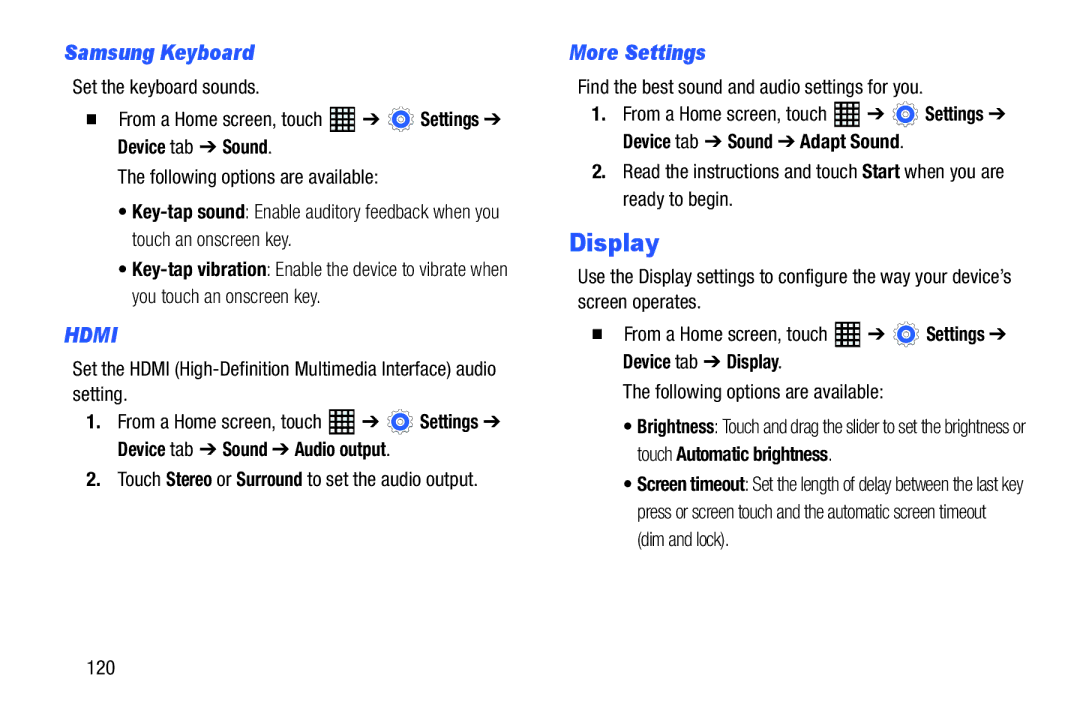 Samsung SM-T520NZWAXAR, SM-T520NZKAXAR user manual Display, Samsung Keyboard, More Settings, 120 