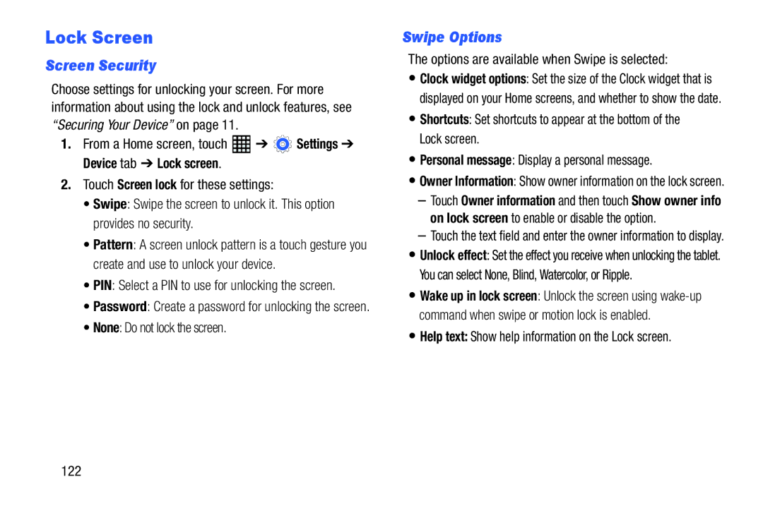 Samsung SM-T520NZWAXAR, SM-T520NZKAXAR user manual Lock Screen, Screen Security, Swipe Options 