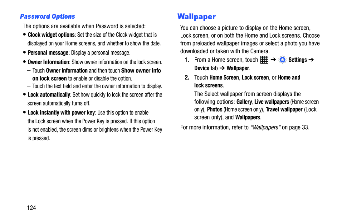 Samsung SM-T520NZWAXAR user manual Wallpaper, Password Options, Touch Home Screen, Lock screen, or Home and lock screens 