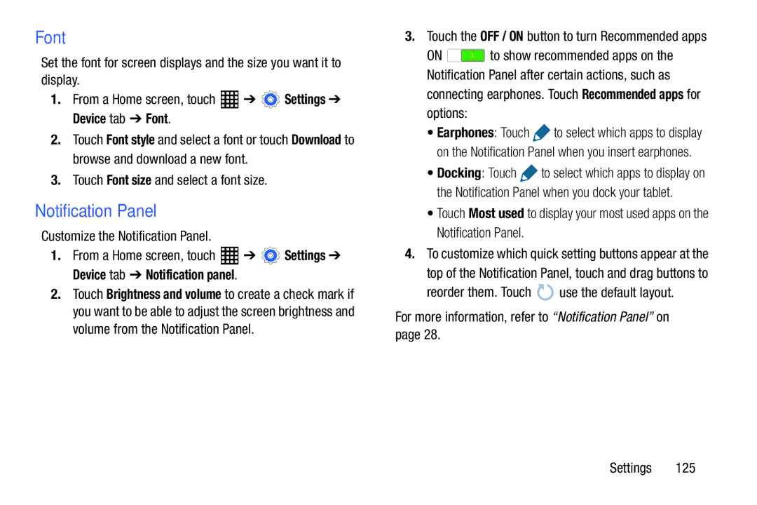 Samsung SM-T520NZKAXAR, SM-T520NZWAXAR user manual Notification Panel, Device tab Font, Docking Touch 