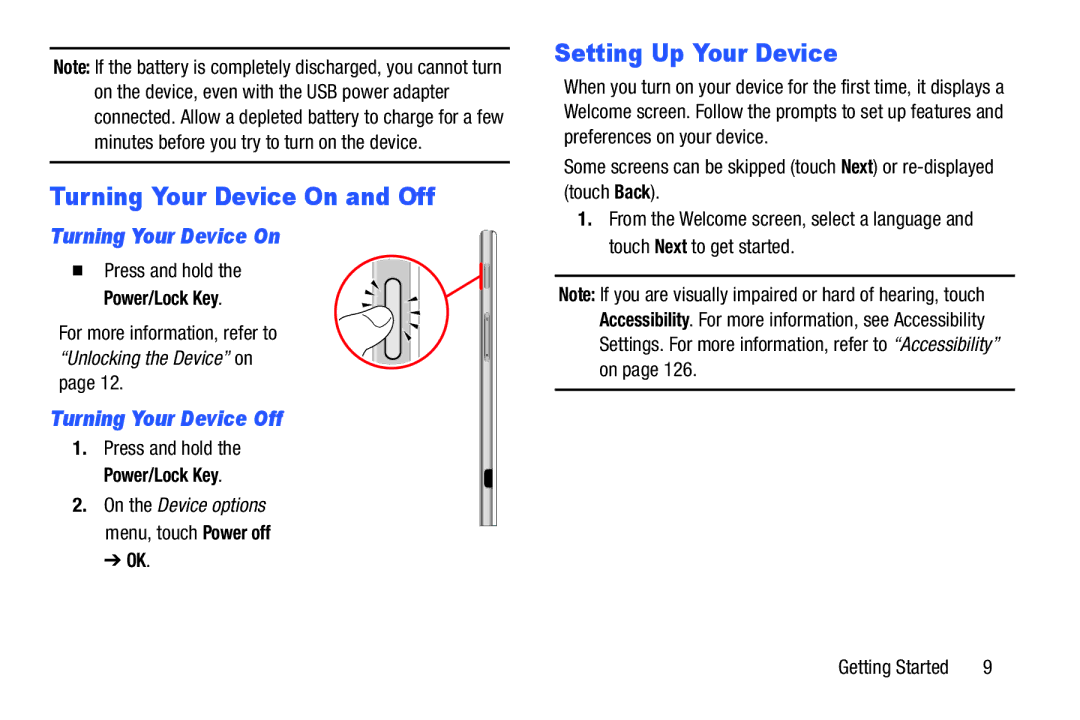 Samsung SM-T520NZKAXAR Turning Your Device On and Off, Setting Up Your Device, Turning Your Device Off, Power/Lock Key 