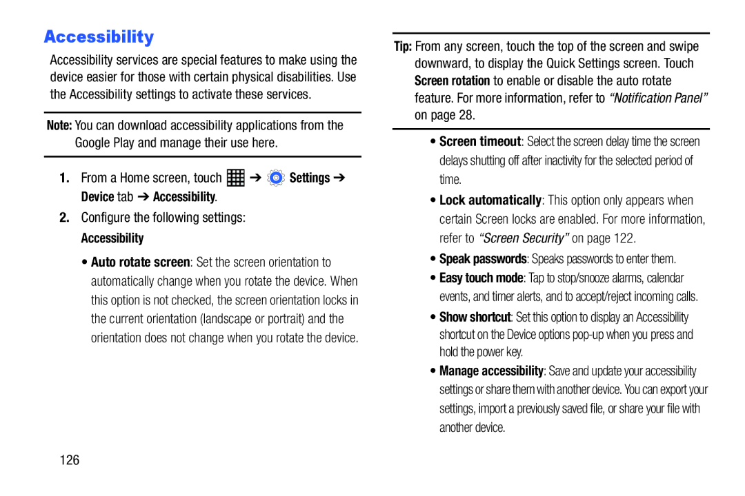 Samsung SM-T520NZWAXAR, SM-T520NZKAXAR user manual Accessibility, Configure the following settings, 126 