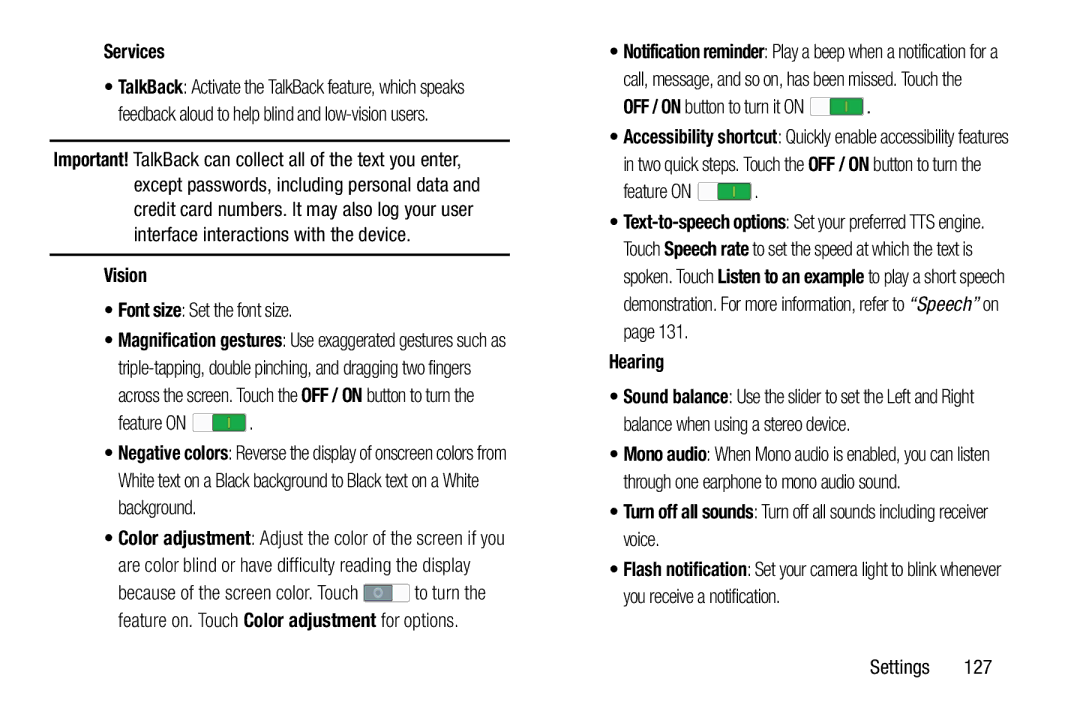 Samsung SM-T520NZKAXAR user manual Services, Vision, Font size Set the font size, OFF / on button to turn it on, Hearing 