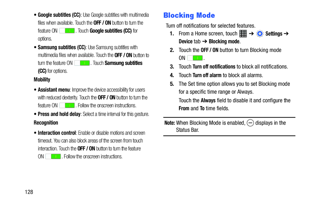 Samsung SM-T520NZWAXAR, SM-T520NZKAXAR user manual Blocking Mode, Mobility, Recognition 