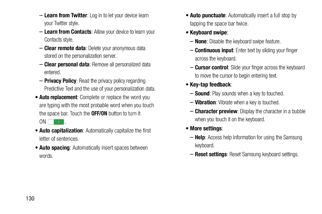 Samsung SM-T520NZWAXAR Clear personal data Remove all personalized data entered, Keyboard swipe, Key-tap feedback 