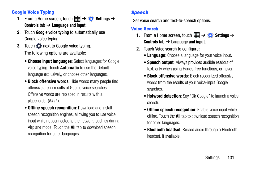 Samsung SM-T520NZKAXAR, SM-T520NZWAXAR user manual Speech, Google Voice Typing, Voice Search 