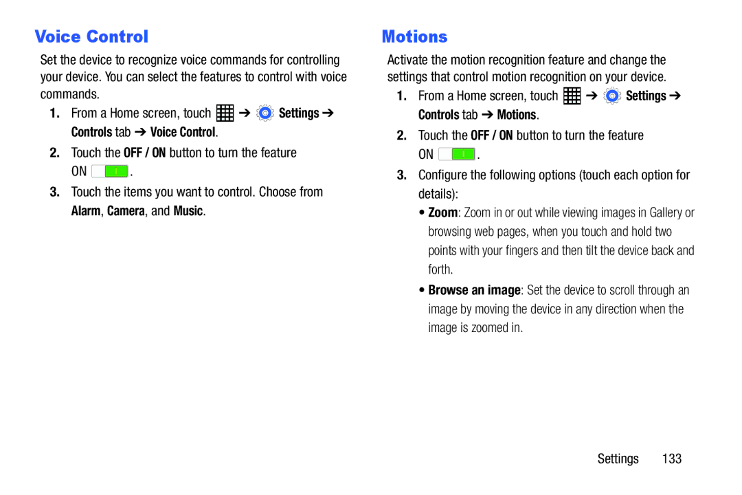 Samsung SM-T520NZKAXAR, SM-T520NZWAXAR user manual Voice Control, Motions 