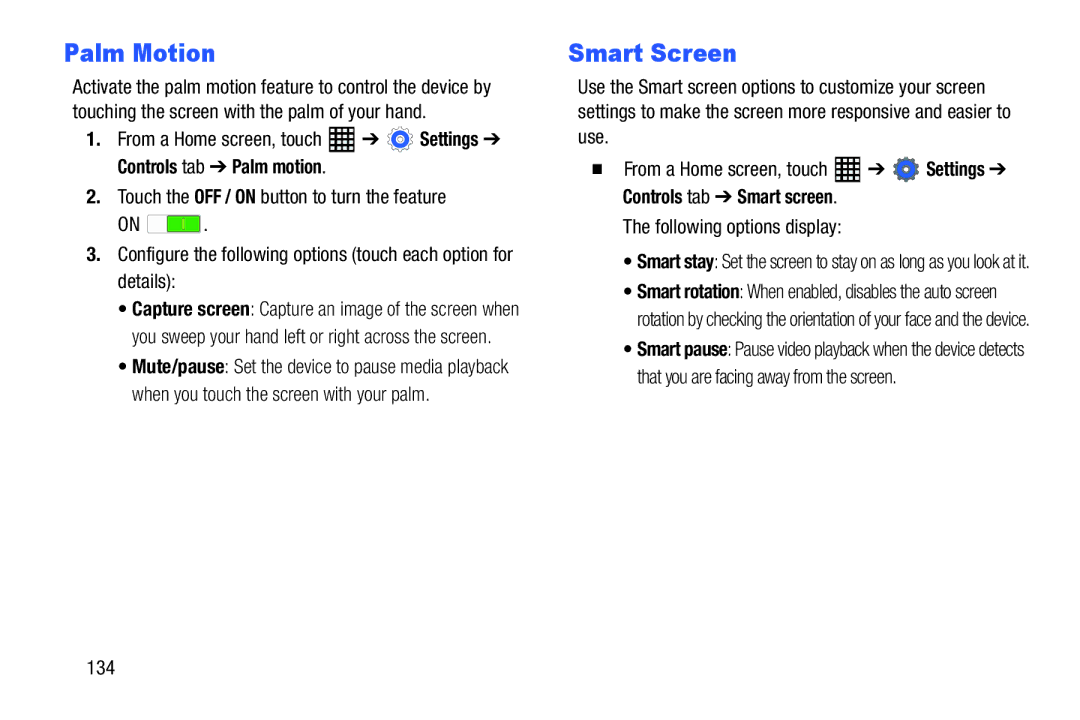 Samsung SM-T520NZWAXAR, SM-T520NZKAXAR user manual Palm Motion, Smart Screen, Controls tab Smart screen, 134 