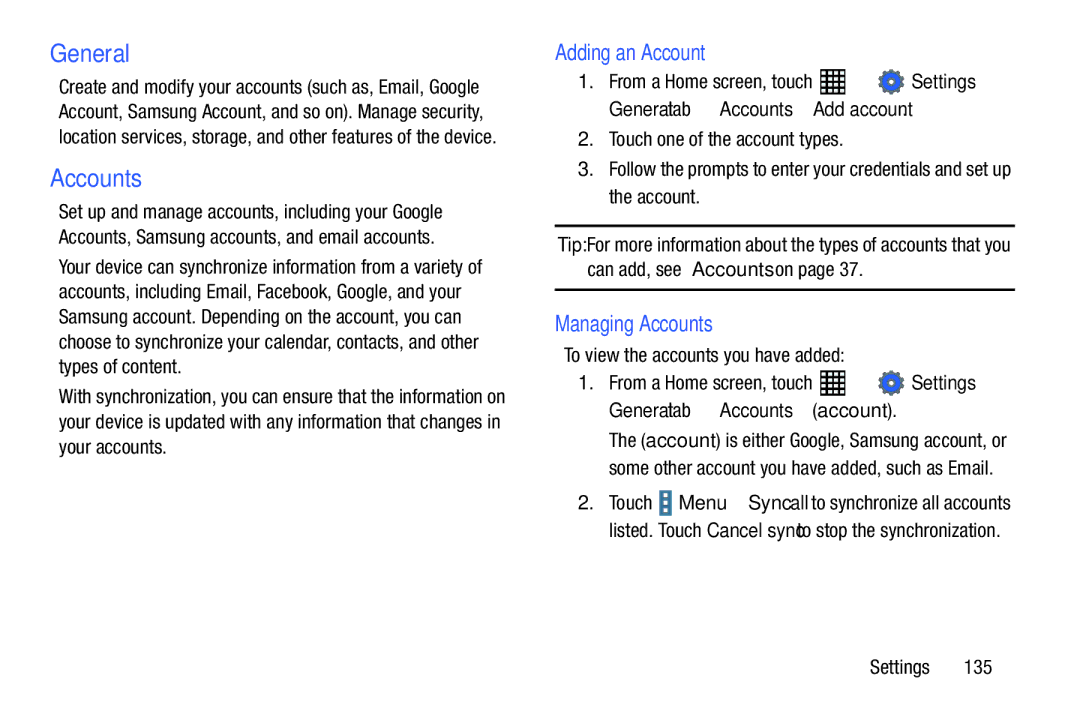 Samsung SM-T520NZKAXAR, SM-T520NZWAXAR General, Adding an Account, Managing Accounts, To view the accounts you have added 