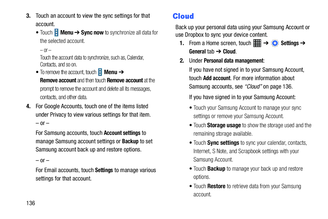 Samsung SM-T520NZWAXAR, SM-T520NZKAXAR user manual Cloud, Touch an account to view the sync settings for that account 