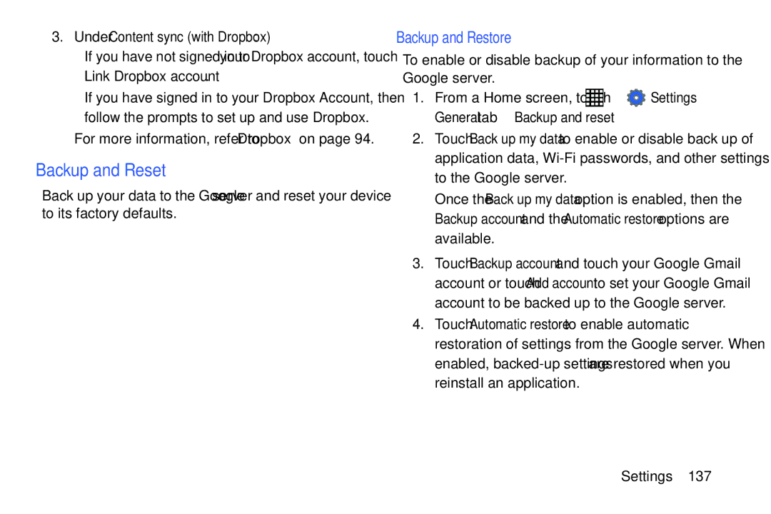 Samsung SM-T520NZKAXAR, SM-T520NZWAXAR user manual Backup and Reset, Backup and Restore, Under Content sync with Dropbox 