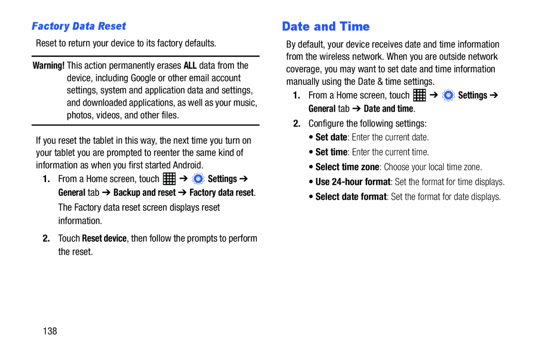 Samsung SM-T520NZWAXAR Date and Time, Factory Data Reset, Reset to return your device to its factory defaults, 138 