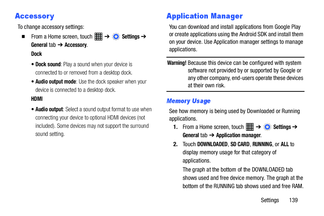 Samsung SM-T520NZKAXAR, SM-T520NZWAXAR Accessory, Application Manager, Memory Usage, To change accessory settings, Dock 