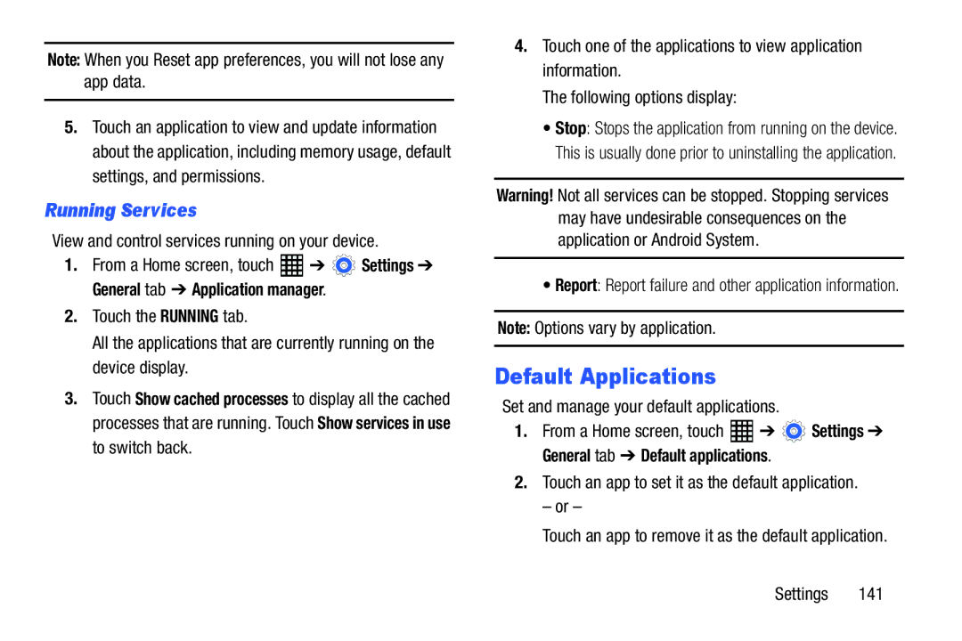 Samsung SM-T520NZKAXAR user manual Default Applications, Running Services, View and control services running on your device 