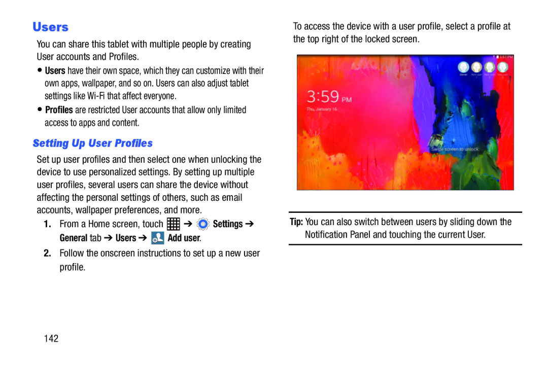 Samsung SM-T520NZWAXAR, SM-T520NZKAXAR user manual Setting Up User Profiles, General tab Users Add user, 142 