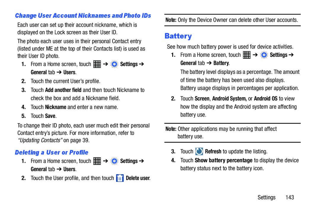 Samsung SM-T520NZKAXAR Deleting a User or Profile, Touch Nickname and enter a new name Touch Save, General tab Users 