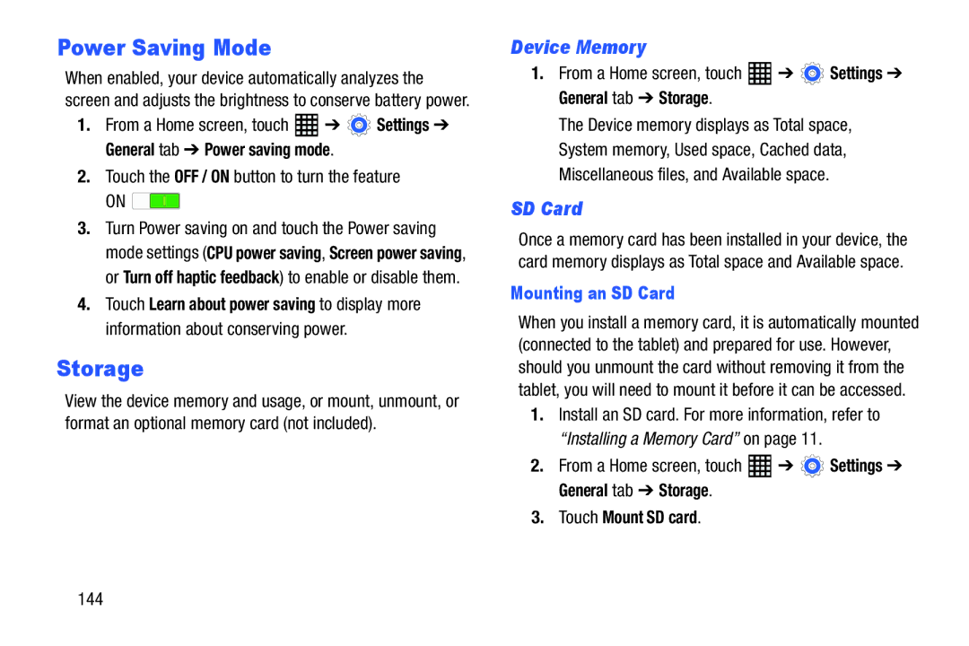 Samsung SM-T520NZWAXAR, SM-T520NZKAXAR user manual Power Saving Mode, Storage, Device Memory, Mounting an SD Card 