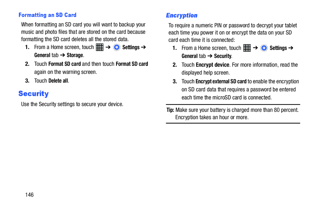 Samsung SM-T520NZWAXAR, SM-T520NZKAXAR user manual Security, Encryption, Formatting an SD Card, Touch Delete all 