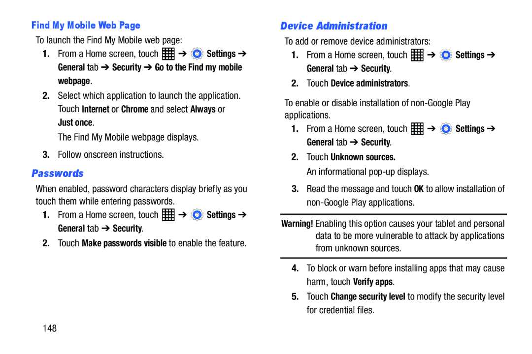 Samsung SM-T520NZWAXAR, SM-T520NZKAXAR user manual Passwords, Device Administration, Find My Mobile Web 