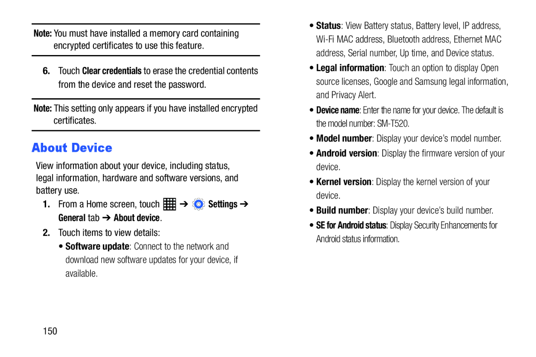 Samsung SM-T520NZWAXAR, SM-T520NZKAXAR user manual About Device, Model number SM-T520, 150 