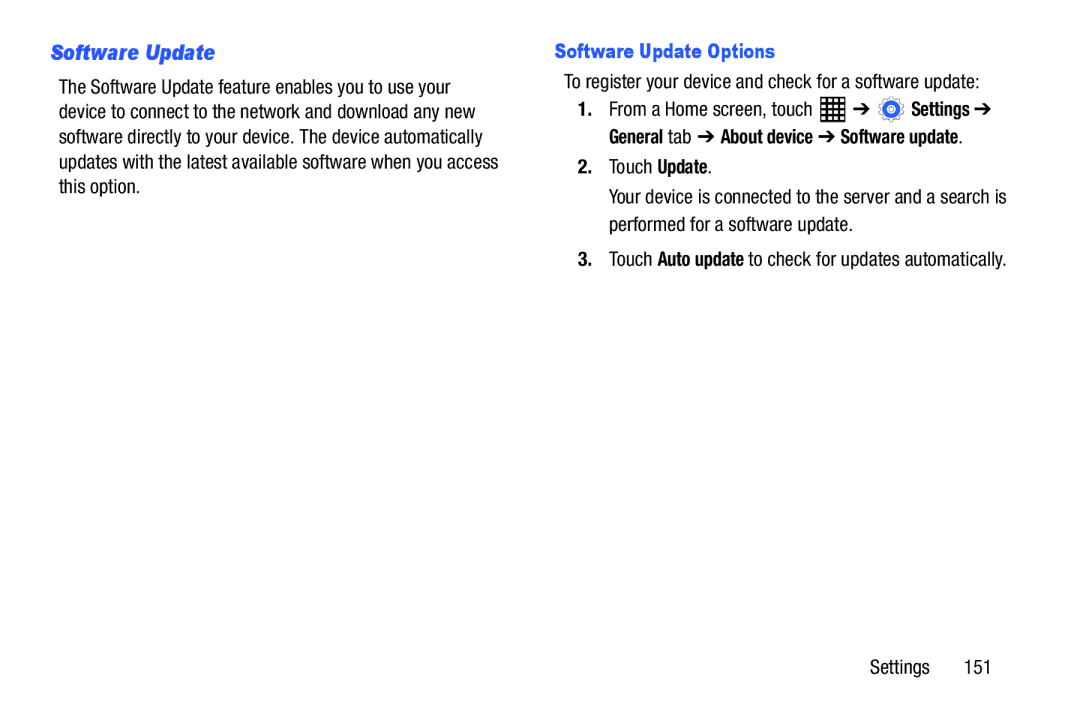 Samsung SM-T520NZKAXAR, SM-T520NZWAXAR user manual Software Update Options, Touch Update 