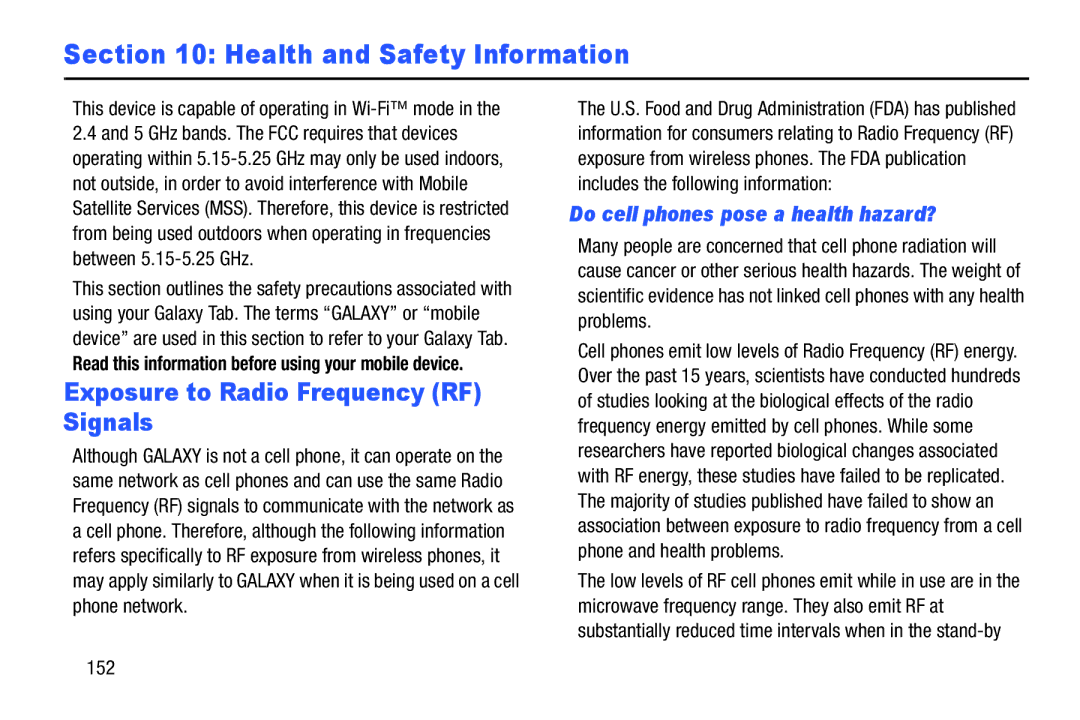 Samsung SM-T520NZWAXAR, SM-T520NZKAXAR Health and Safety Information, Exposure to Radio Frequency RF Signals, 152 