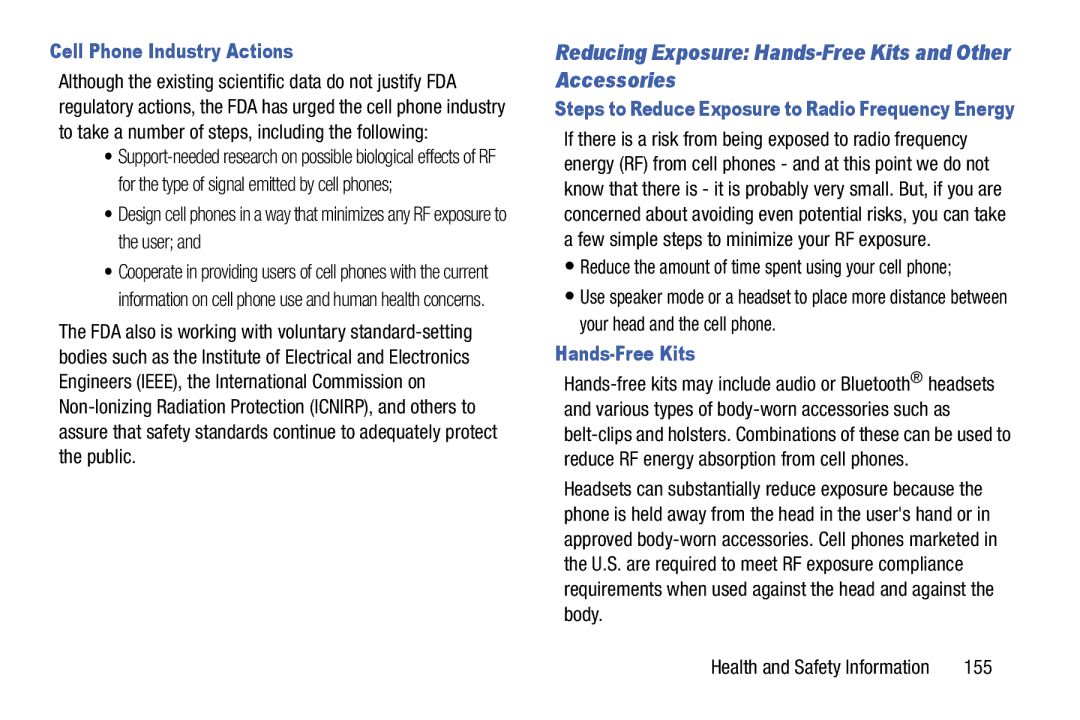 Samsung SM-T520NZKAXAR Reducing Exposure Hands-Free Kits and Other Accessories, Cell Phone Industry Actions, 155 