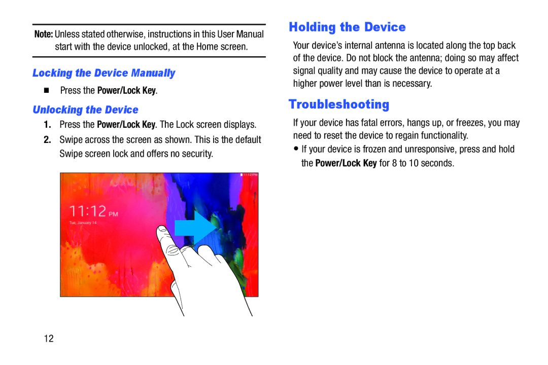 Samsung SM-T520NZWAXAR user manual Holding the Device, Troubleshooting, Locking the Device Manually, Unlocking the Device 