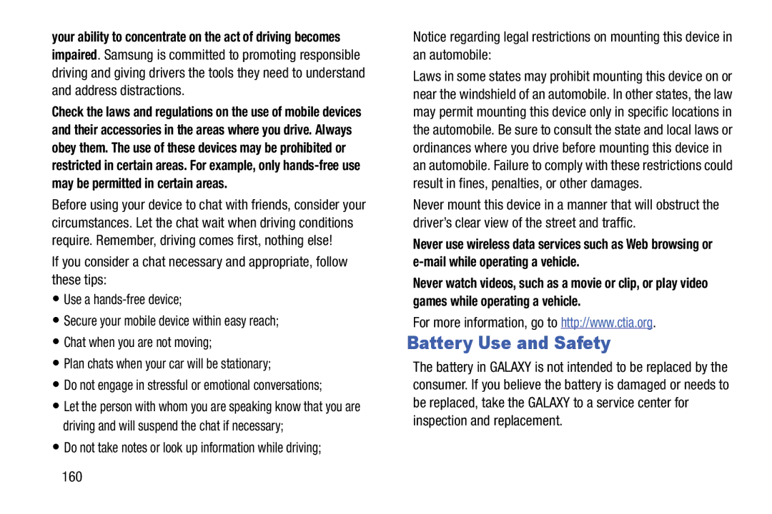 Samsung SM-T520NZWAXAR, SM-T520NZKAXAR user manual Battery Use and Safety, 160 