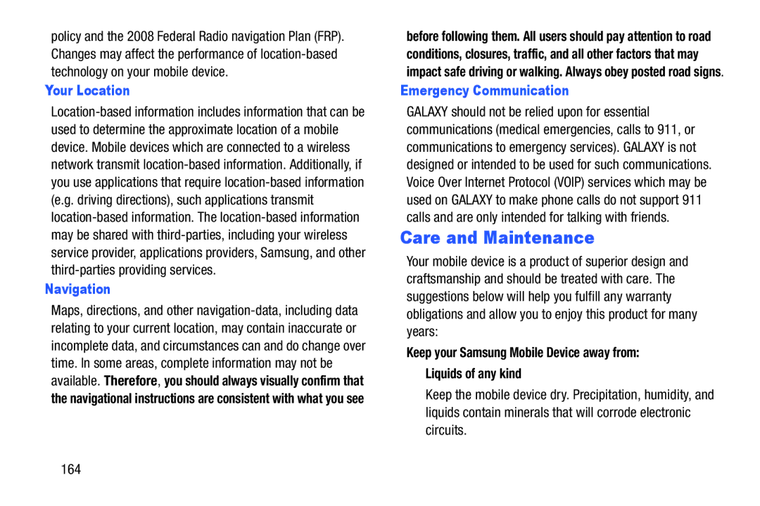 Samsung SM-T520NZWAXAR, SM-T520NZKAXAR user manual Care and Maintenance, Your Location, Navigation, Emergency Communication 