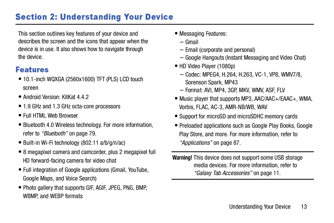 Samsung SM-T520NZKAXAR, SM-T520NZWAXAR user manual Understanding Your Device, Features 