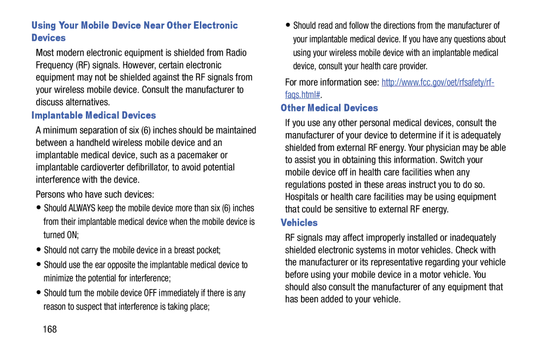 Samsung SM-T520NZWAXAR Using Your Mobile Device Near Other Electronic Devices, Implantable Medical Devices, Vehicles 