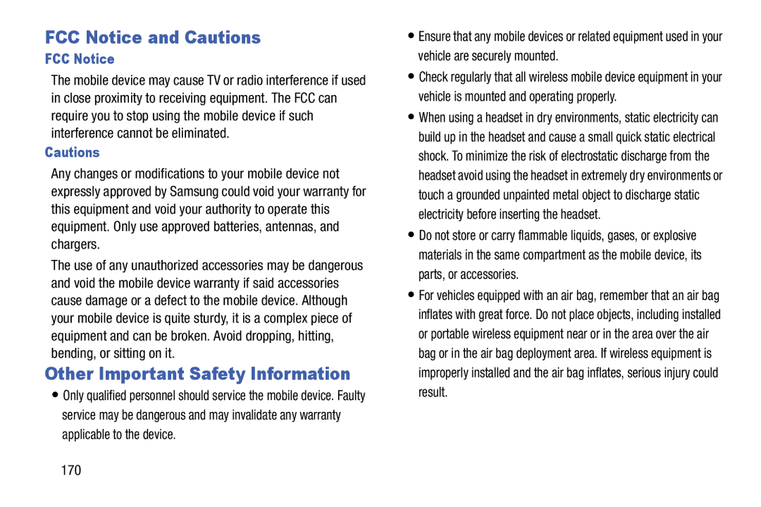 Samsung SM-T520NZWAXAR, SM-T520NZKAXAR user manual FCC Notice and Cautions, Other Important Safety Information, 170 