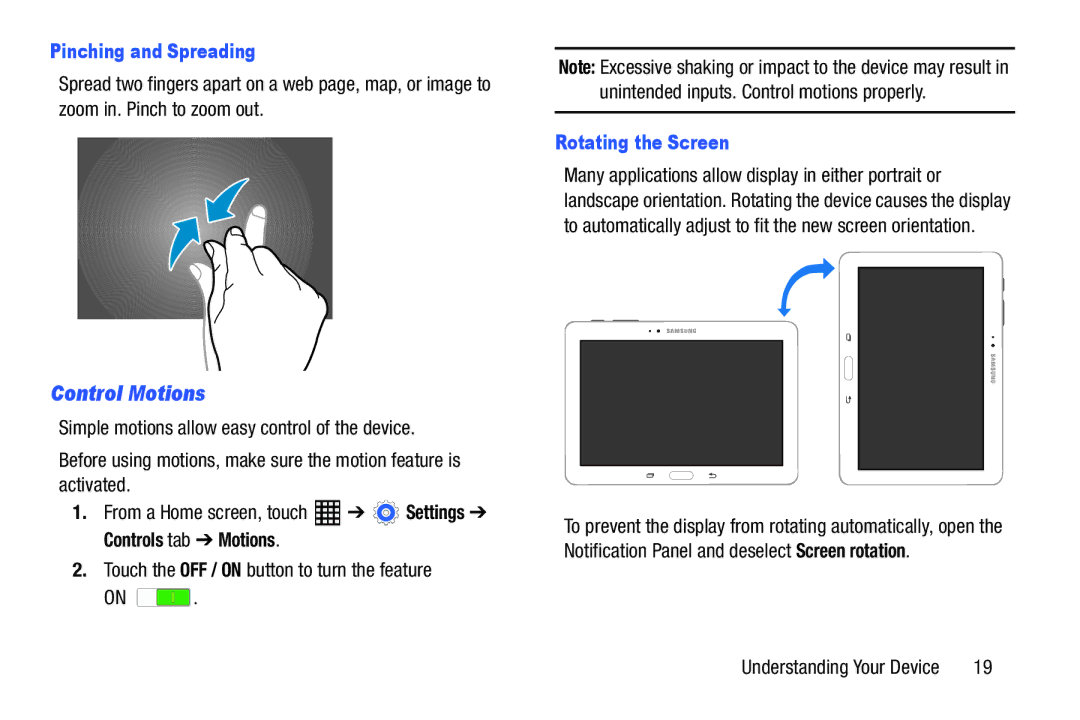 Samsung SM-T520NZKAXAR, SM-T520NZWAXAR user manual Control Motions, Pinching and Spreading, Rotating the Screen 