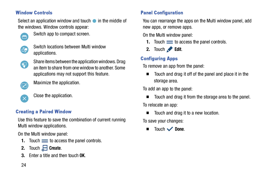 Samsung SM-T520NZWAXAR user manual Window Controls, Maximize the application Close the application, Panel Configuration 