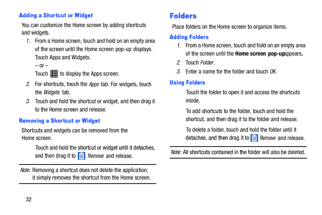 Samsung SM-T520NZWAXAR Adding a Shortcut or Widget, Removing a Shortcut or Widget, Adding Folders, Using Folders 