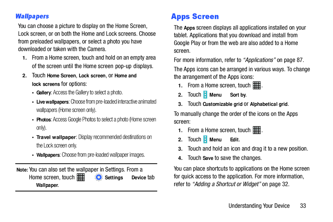 Samsung SM-T520NZKAXAR, SM-T520NZWAXAR user manual Apps Screen, Wallpapers, Touch Menu Edit 