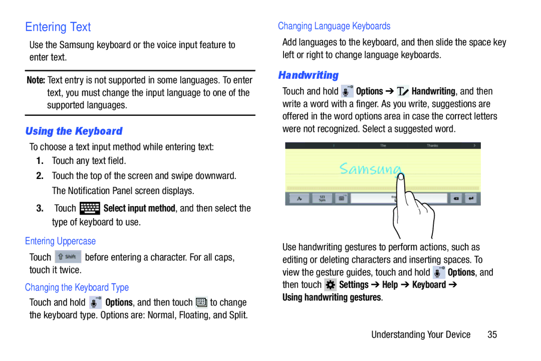 Samsung SM-T520NZKAXAR, SM-T520NZWAXAR user manual Entering Text, Using the Keyboard, Handwriting 