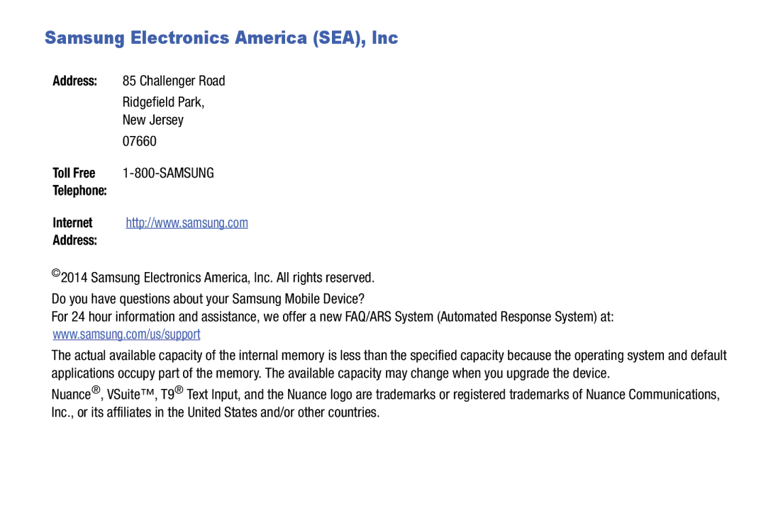 Samsung SM-T520NZWAXAR, SM-T520NZKAXAR user manual Samsung Electronics America SEA, Inc, Telephone Address 