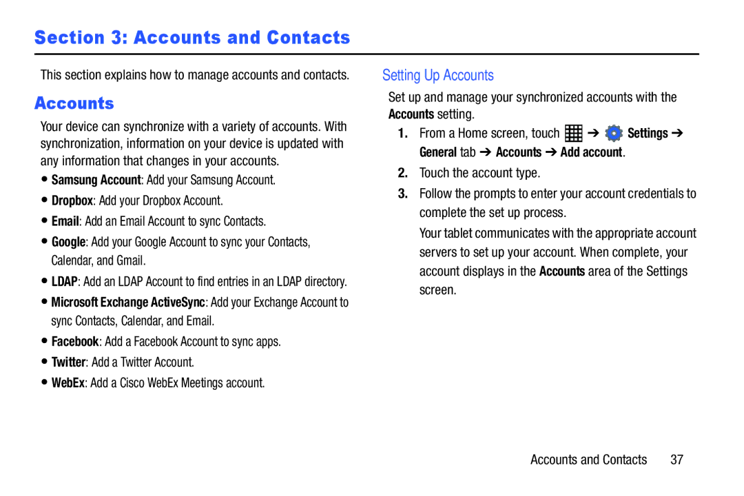 Samsung SM-T520NZKAXAR, SM-T520NZWAXAR user manual Accounts and Contacts, Setting Up Accounts, Accounts setting 