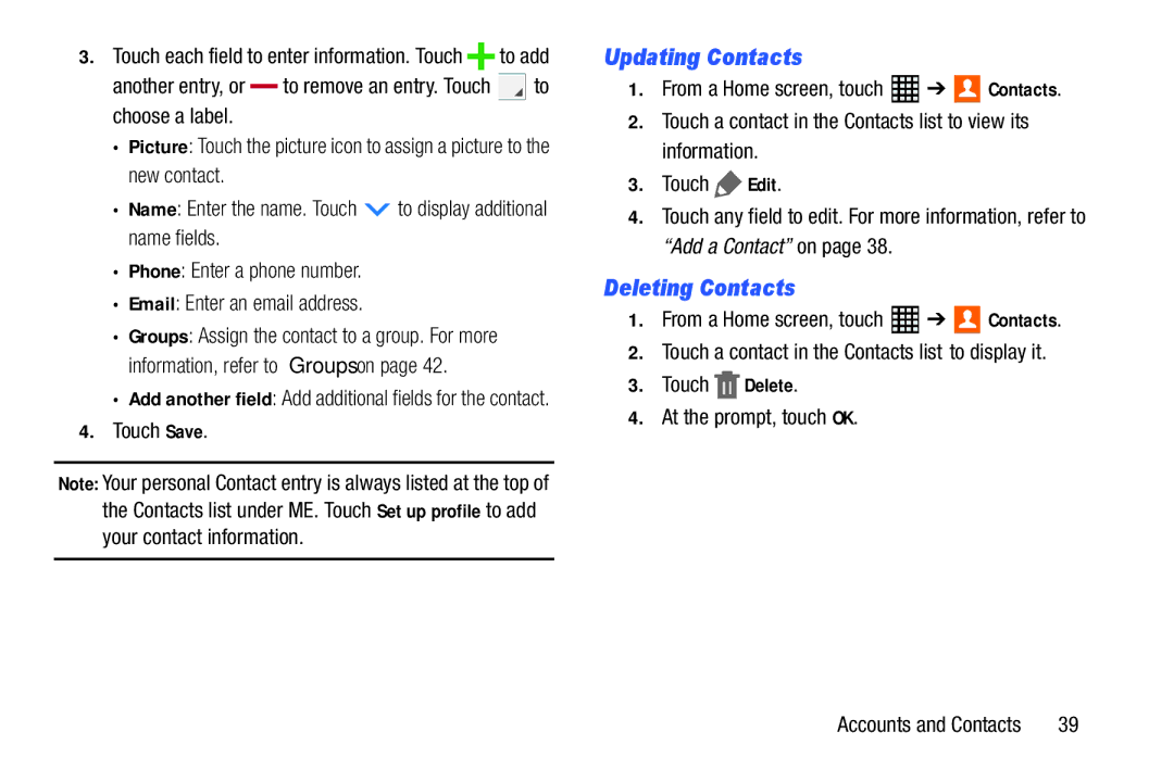 Samsung SM-T520NZKAXAR, SM-T520NZWAXAR user manual Updating Contacts, Deleting Contacts, Touch Save 