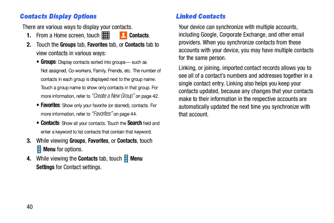 Samsung SM-T520NZWAXAR Contacts Display Options, Linked Contacts, There are various ways to display your contacts 