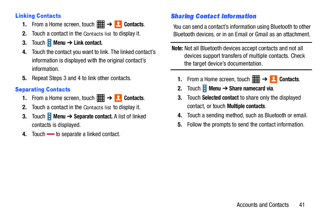 Samsung SM-T520NZKAXAR Sharing Contact Information, Linking Contacts, Touch Menu Link contact, Separating Contacts 