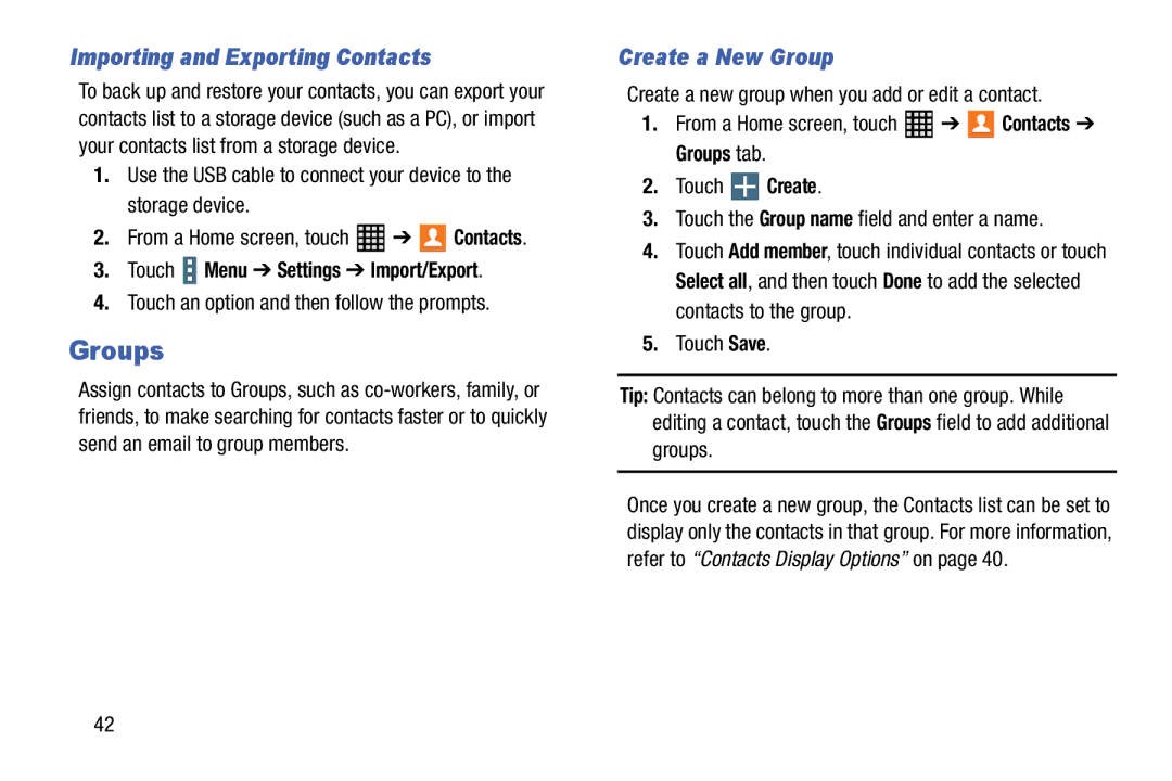 Samsung SM-T520NZWAXAR Groups, Importing and Exporting Contacts, Create a New Group, Touch Menu Settings Import/Export 