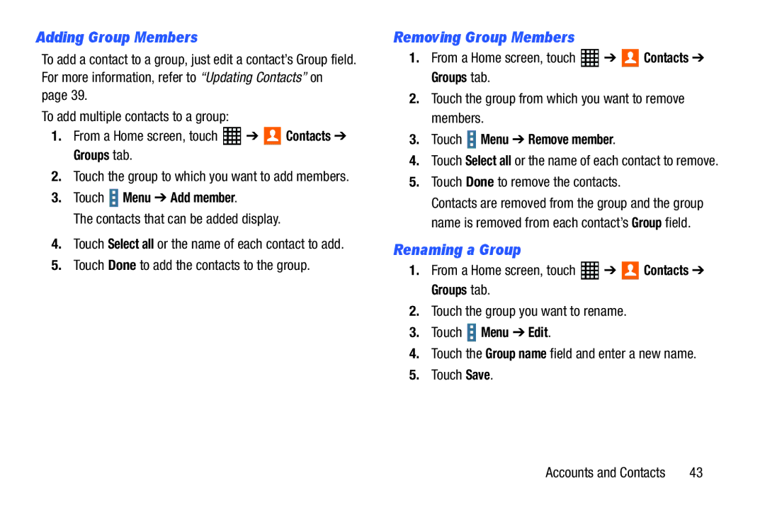 Samsung SM-T520NZKAXAR user manual Adding Group Members, Removing Group Members, Renaming a Group, Touch Menu Add member 